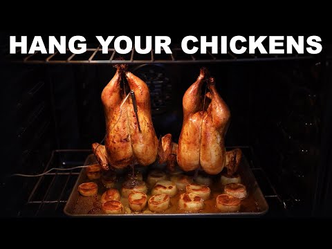 Hanging roast chicken, with 'nugget' potatoes