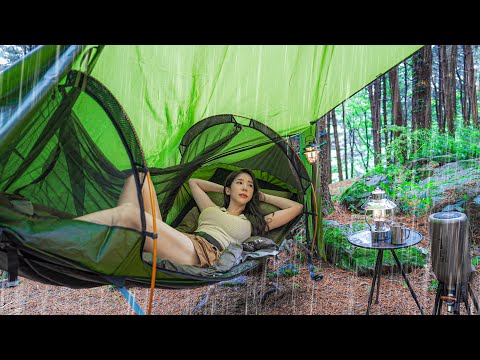 ☔CAMPING UNDER THE RAIN SHOWER WITH A NEW HAMMOCK TENTㅣNATURE ASMRㅣNIGHT CAT