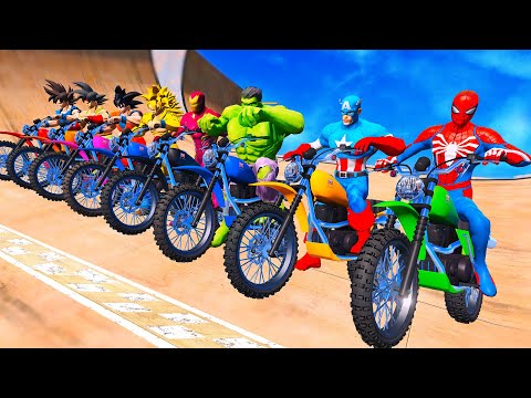 SPIDERMAN IN SUPERHEROES Team vs GOKU, DRAGONBALL Team Race Motorbikes RACING Challenge - GTA 5