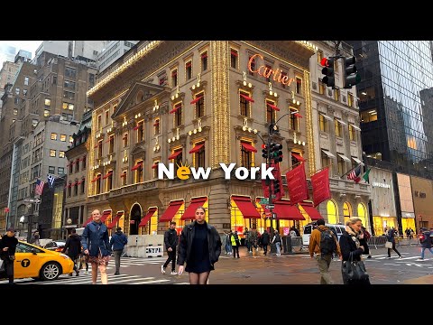 ⁴ᴷ NYC Winter Walk 2023 - Rainy Midtown Manhattan, Rockefeller Center, 5th Avenue & Times Square