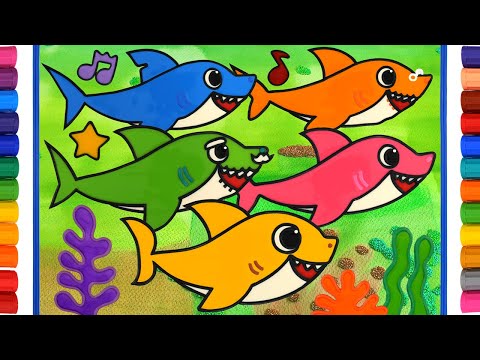Coloring Pinkfong Shark family with Jelly water for Kids, Toddlers | Baby shark Stickers