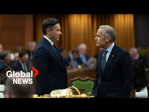 YouTube video thumbnail: Carney and Poilievre Clash Over Grocery Prices, Carbon tax and Auto-Sector Jobs