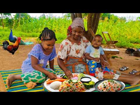 Life style of an African mom cooking with her children//African village life