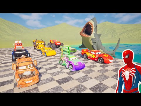 Spider-man vs gaint shark |  Disney Pixar Cars Lightning Mcqueen, Dinoco, Guido, Mack, DJ, Wingo