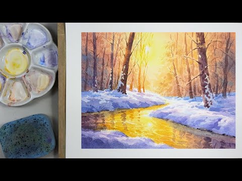 Watercolor Landscape – Glowing Stream Through a Snowy Forest