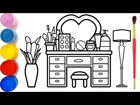 Vẽ bàn trang điểm và tô màu cho bé | Dạy bé vẽ | Dạy bé tô màu | Glitter Makeup Table