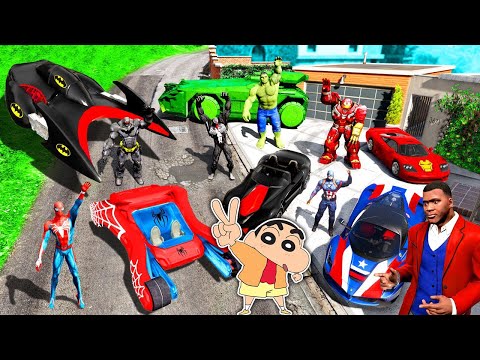 Shinchan and Franklin Collecting SUPERHERO CARS in GTA 5 | Shinchan Stolen Avengers Cars (Hindi)