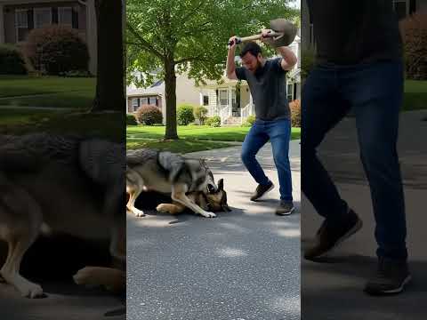 Large gray wolf pins German shepherd to the ground
