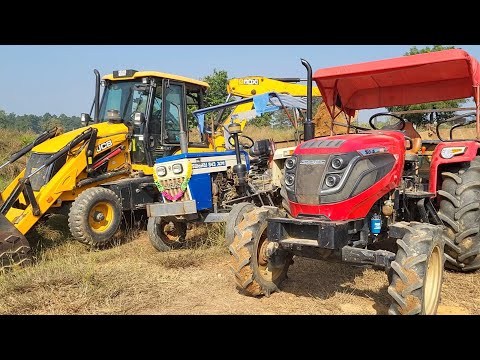 JCB3DX Dozer Machine Loading Mud In Mahindra Tractor VS Swaraj Tractor Trolley For Road Construction