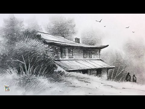 Pencil Drawing and Shading House in Hill Area