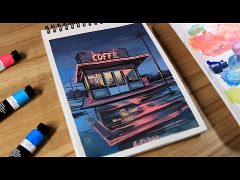 Gouache Painting Landscape Idea for Beginners Coffee House