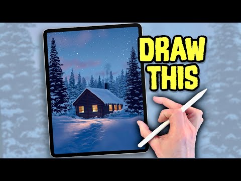 PROCREATE Landscape DRAWING Tutorial in EASY steps - Snow Cabin