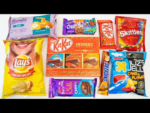 Some candies snacks, chocolates, Skittles, kitkat, crispello, lays, dairy milk silk oreo, snickers