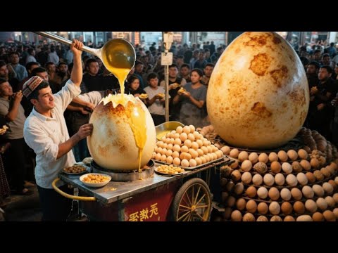 【炸裂！】新疆喀什汗巴扎夜市天价烤蛋， 300元一个鸵鸟蛋，日销百个顾客排队抢着吃#麦总去哪吃