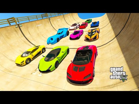 SPIDERMAN CARS COLOR Block GODZILLA Ramp JUMP Challenge ! SUPERHERO HULK Epic new Stunt Race - GTA V