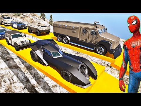 HOMEM ARANHA BATMAN E HOMEM DE FERRO COM CARROS NA SUPER RAMPA! DESAFIO CARROS COM HERÓIS - IR GAMES