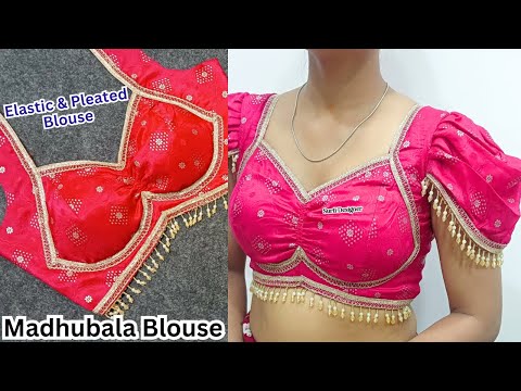 Madhubala Blouse ki Cutting | Pleated Blouse Neck Designs | Elastic Blouse Designs | Pleated Sleeves