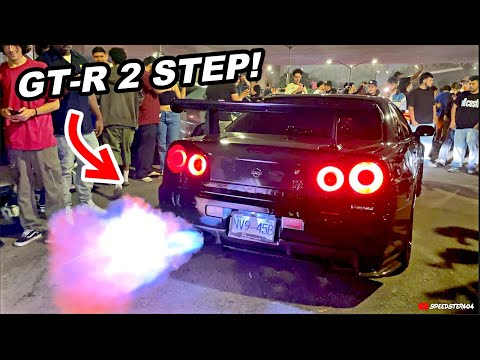 R34 Skyline GTR 2 Step Battle Shooting Huge Flames Shutting Down Car Meet!