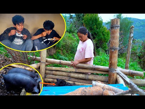 Jina feeding her baby pig II Sanjip & babu having snacks after work@AloneAdhirajnepal