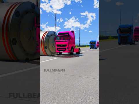 Blue Scania Trucks and Pink Volvo Trucks Two Gigantic Bollards Crash