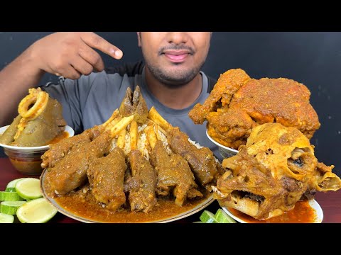 ASMR: Eating Spicy Mutton Nolli Curry, Whole Chicken Curry, Full Goat Head with Rice || Eating Show