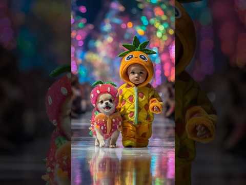 Cute Baby and Puppy Fruit Fashion Show 👶🐶🍎🍌✨ #pixverse #pixverseai #dogfashion #babyfashion