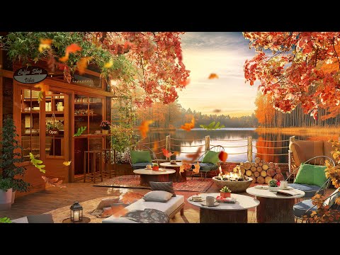 Autumn Coffee Shop | Relaxing Piano Jazz Music & Lakeside View for Study, Work, Relax