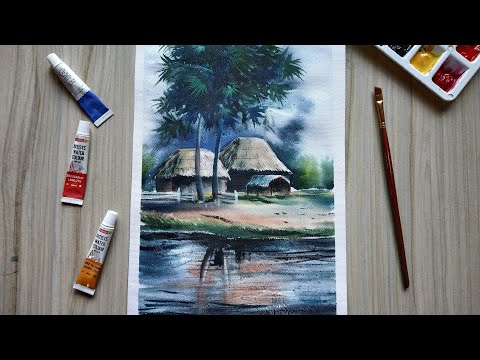 Watercolor Painting of Beautiful Village Landscape Scenery Painting | Paint with David