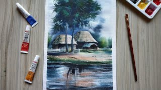 Watercolor Painting of Beautiful Village Landscape Scenery Painting | Paint with David