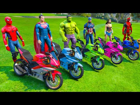 SPIDERMAN AND HULK IRONMAN - MOTORCYCLE RAMP CHALLENGE - SPIDER WEB BRIDGE OBSTACLE