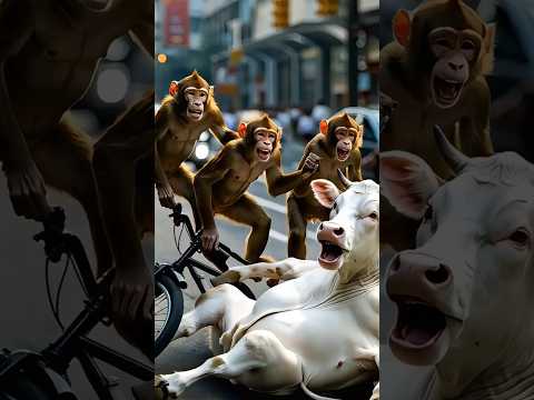 Monkeys Attack Cow and Snatch cow's Bike #shorts #animals #trendingshorts #ytshorts #viral #ai