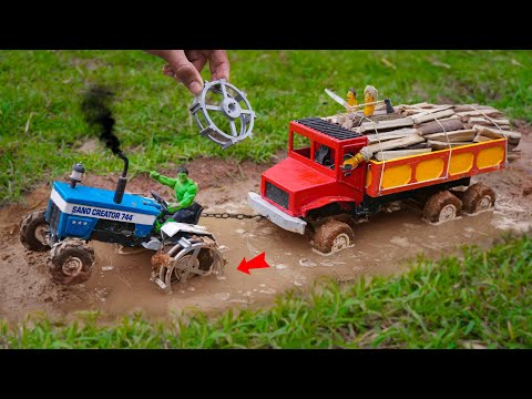 diy truck stuck in mud ! Rescue with powerful diy tractor science project @sanocreator