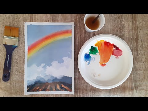 Acuarela. Cómo pintar un paisaje con arcoiris. Perspectiva atmosférica.