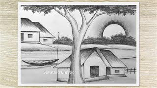 Village landscape drawing, Pencil sketch village scenery