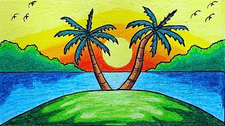 Gambar Pemandangan | Cara Menggambar Pemandangan Matahari Terbenam di Pantai Dengan Oil Pastel
