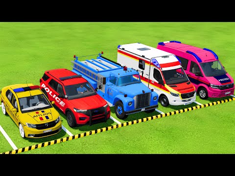 TRANSPORTING POLICE CARS, AMBULANCE, FIRE DEPARTMENT VEHICLES WITH TRUCKS ! Farming Simulator 22