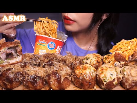 ASMR Takoyaki (Grilled OCTOPUS Balls) & Spicy Pop Mie Indomie NOODLES | Eating Sounds