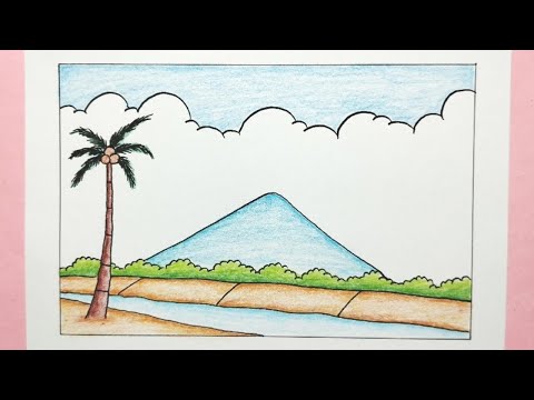 Cara menggambar pemandangan gunung yang mudah - How to draw simple scenery for beginners