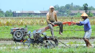 The Farming Walking Tractor with Plow and Leveler Attachment Working Together