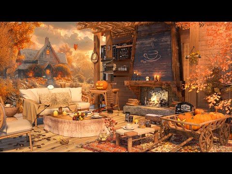 🎃 4K Pumpkin Farm Autumn Village with Cozy Coffee Shop - Smooth Jazz Music to Relax/Study/Work to