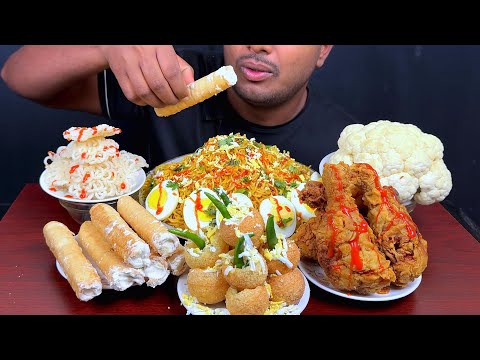 Eating Crispy Crime Roll, Fuska, Chicken Fry, Row Cawliflower with Egg Noodles || Eating Show