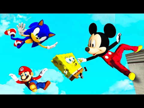 GTA 5 Mickey & Sonic VS SpongeBob & Mario Ragdoll Jumps/Fails (Funny)