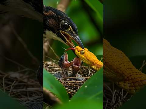 황금 독사의 침입… 그러나 어미의 부리가 더 빨랐다! #motherhood #wildlife #animals #birds