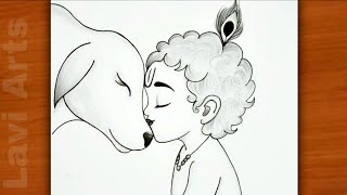 Kanha ji with cow I how to draw baalgopal with cow I easy drawing I howt o draw | Krishna