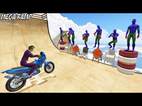 GTA 5 Mega Ramp Jumps Joker VS Spiderman Crazy Motorcycle Ragdolls (Euphoria Physics, Funny)