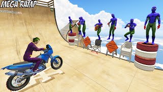 GTA 5 Mega Ramp Jumps Joker VS Spiderman Crazy Motorcycle Ragdolls (Euphoria Physics, Funny)