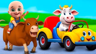 Cow Drive's Wheels On The Bus Go Round And Round | Baby Cartoon Nursery Rhymes and Kids Song