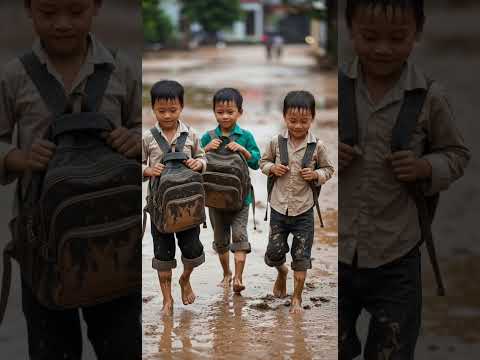 trẻ con đi học lại sau mưa lũ 2025 quê hương việt nam