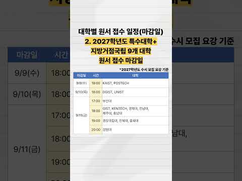 대학별 원서 접수 일정 마감일 (2027학년도 수도권 주요 35개 대학, 특수대학+지방거점국립 9개 대학, 전국 의·치·약·한·수 대학) #2027수시 #수시원서  #수시최종점검