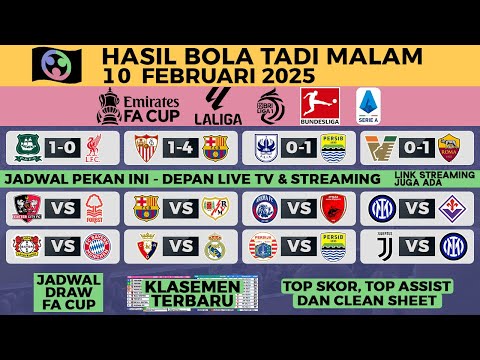 HASIL BOLA TADI MALAM 10 FEBRUARI 2025 - FA CUP LIVERPOOL, LALIGA BARCELONA, LIGA 1 BRI, SERIE A